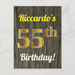 [ Thumbnail: Faux Wood, Faux Gold 55th Birthday & Custom Name Postcard ]