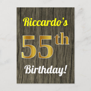 Faux Wood, Faux Gold 55th Birthday & Custom Name Postcard