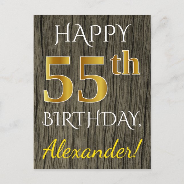Faux Wood, Faux Gold 55th Birthday + Custom Name Postcard (Front)