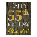 [ Thumbnail: Faux Wood, Faux Gold 55th Birthday + Custom Name Postcard ]