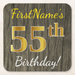 [ Thumbnail: Faux Wood, Faux Gold 55th Birthday + Custom Name Paper Coaster ]