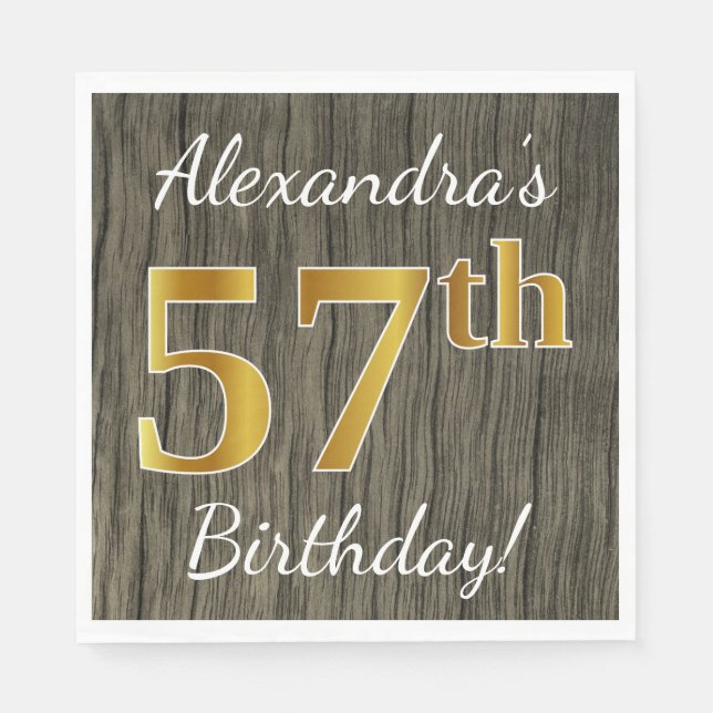 Faux Wood, Faux Gold 57th Birthday + Custom Name Napkins (Front)