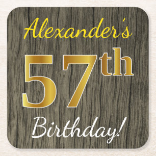 Faux Wood, Faux Gold 57th Birthday + Custom Name Square Paper Coaster