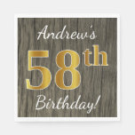 [ Thumbnail: Faux Wood, Faux Gold 58th Birthday + Custom Name Napkin ]
