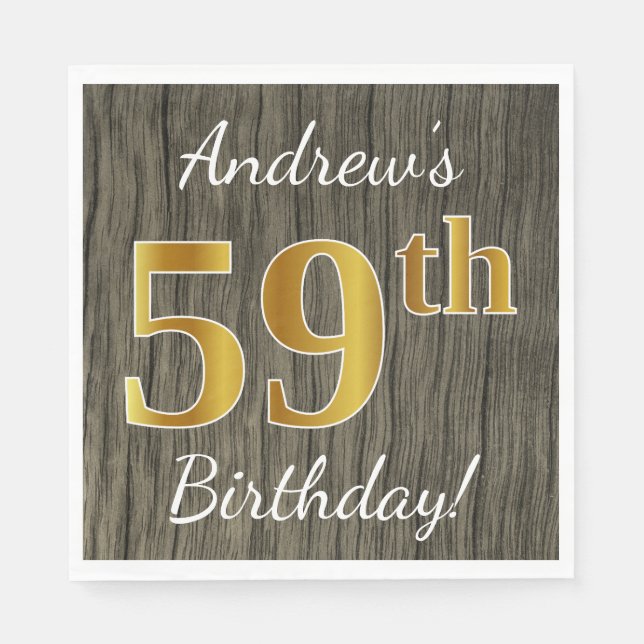 Faux Wood, Faux Gold 59th Birthday + Custom Name Napkins (Front)