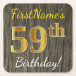 [ Thumbnail: Faux Wood, Faux Gold 59th Birthday + Custom Name Paper Coaster ]