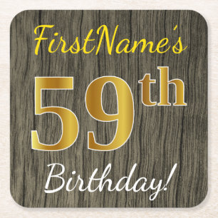 Faux Wood, Faux Gold 59th Birthday + Custom Name Square Paper Coaster
