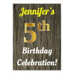 [ Thumbnail: Faux Wood, Faux Gold 5th Birthday Celebration Invitation ]
