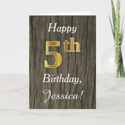 Faux Wood Faux Gold 5th Birthday  Custom Name Card