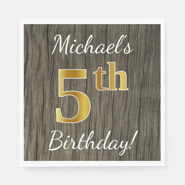 Faux Wood, Faux Gold 5th Birthday + Custom Name Paper Napkins (Front)