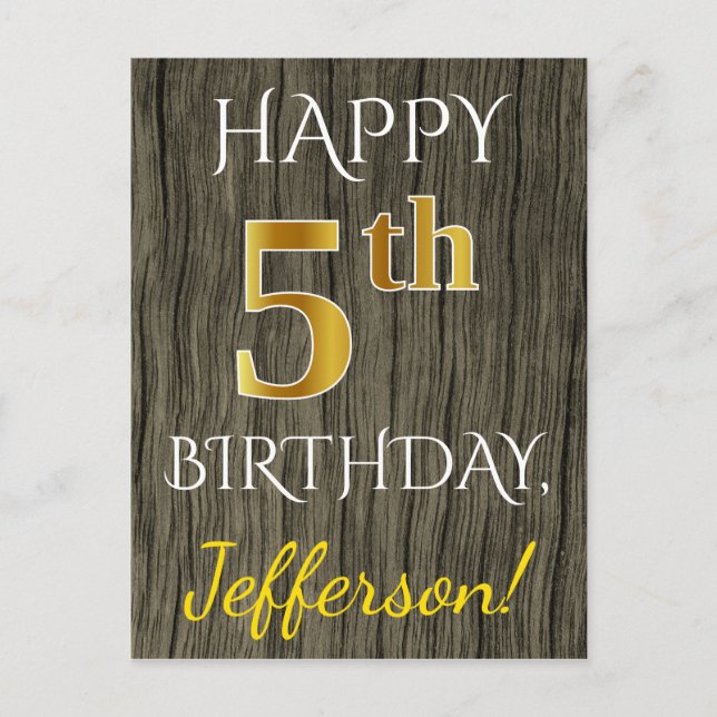 Faux Wood, Faux Gold 5th Birthday + Custom Name Postcard (Front)