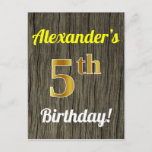 [ Thumbnail: Faux Wood, Faux Gold 5th Birthday & Custom Name Postcard ]