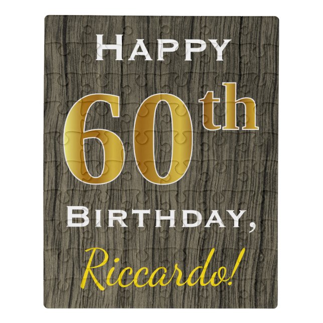 Faux Wood, Faux Gold 60th Birthday + Custom Name Jigsaw Puzzle (Puzzle Vertical)