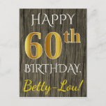 [ Thumbnail: Faux Wood, Faux Gold 60th Birthday + Custom Name Postcard ]
