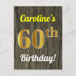[ Thumbnail: Faux Wood, Faux Gold 60th Birthday & Custom Name Postcard ]
