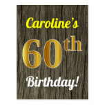 [ Thumbnail: Faux Wood, Faux Gold 60th Birthday & Custom Name Postcard ]