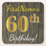 [ Thumbnail: Faux Wood, Faux Gold 60th Birthday + Custom Name Paper Coaster ]