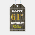 [ Thumbnail: Faux Wood, Faux Gold 61st Birthday + Custom Name Gift Tags ]