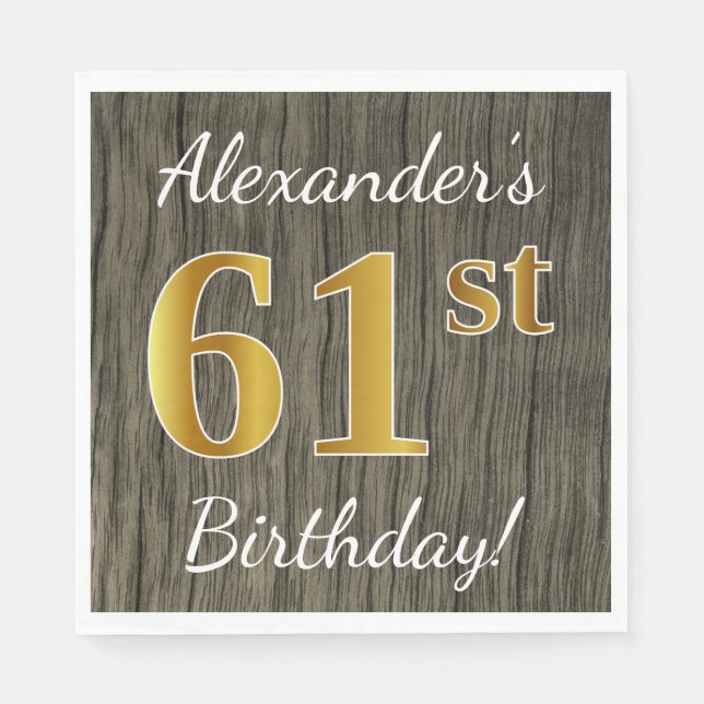 Faux Wood, Faux Gold 61st Birthday + Custom Name Napkins (Front)