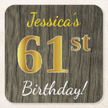 [ Thumbnail: Faux Wood, Faux Gold 61st Birthday + Custom Name Paper Coaster ]