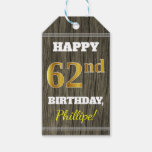 [ Thumbnail: Faux Wood, Faux Gold 62nd Birthday + Custom Name Gift Tags ]