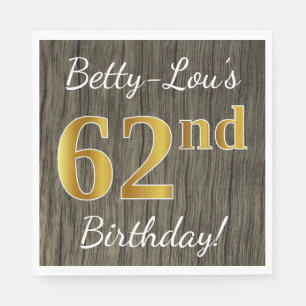 Faux Wood, Faux Gold 62nd Birthday + Custom Name Napkins