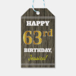 [ Thumbnail: Faux Wood, Faux Gold 63rd Birthday + Custom Name Gift Tags ]