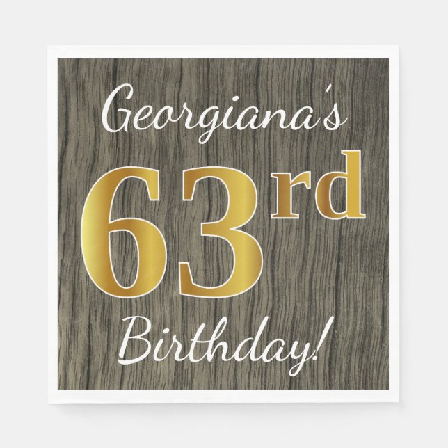 Faux Wood, Faux Gold 63rd Birthday + Custom Name Napkins (Front)