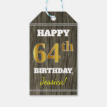 [ Thumbnail: Faux Wood, Faux Gold 64th Birthday + Custom Name Gift Tags ]