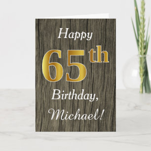 Faux Wood, Faux Gold 65th Birthday + Custom Name Card