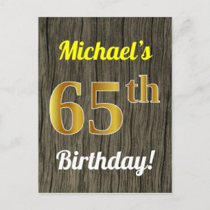 Faux Wood, Faux Gold 65th Birthday & Custom Name Postcard