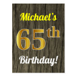[ Thumbnail: Faux Wood, Faux Gold 65th Birthday & Custom Name Postcard ]