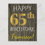 [ Thumbnail: Faux Wood, Faux Gold 65th Birthday + Custom Name Postcard ]
