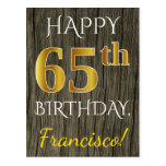 [ Thumbnail: Faux Wood, Faux Gold 65th Birthday + Custom Name Postcard ]