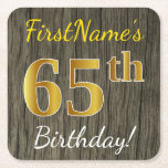 [ Thumbnail: Faux Wood, Faux Gold 65th Birthday + Custom Name Paper Coaster ]