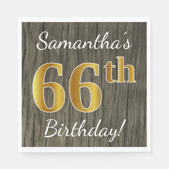 Faux Wood, Faux Gold 66th Birthday + Custom Name Paper Napkins (Front)