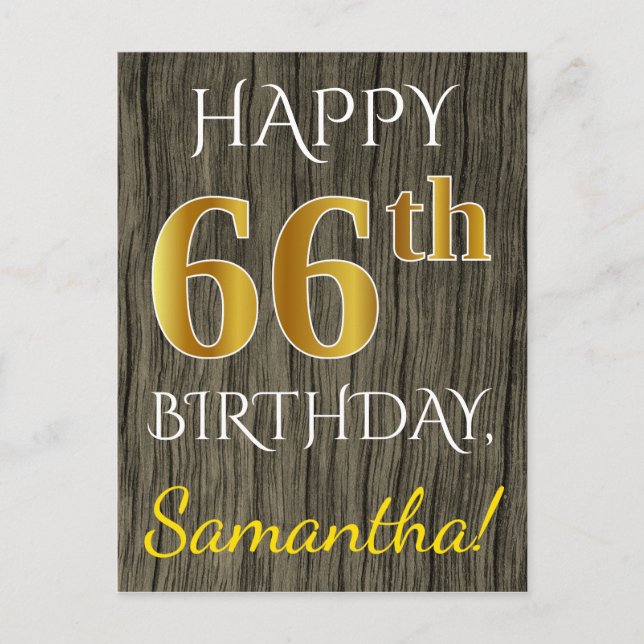 Faux Wood, Faux Gold 66th Birthday + Custom Name Postcard (Front)
