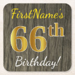[ Thumbnail: Faux Wood, Faux Gold 66th Birthday + Custom Name Paper Coaster ]