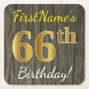 Faux Wood, Faux Gold 66th Birthday + Custom Name Square Paper Coaster