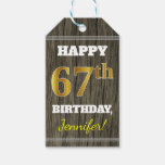 [ Thumbnail: Faux Wood, Faux Gold 67th Birthday + Custom Name Gift Tags ]