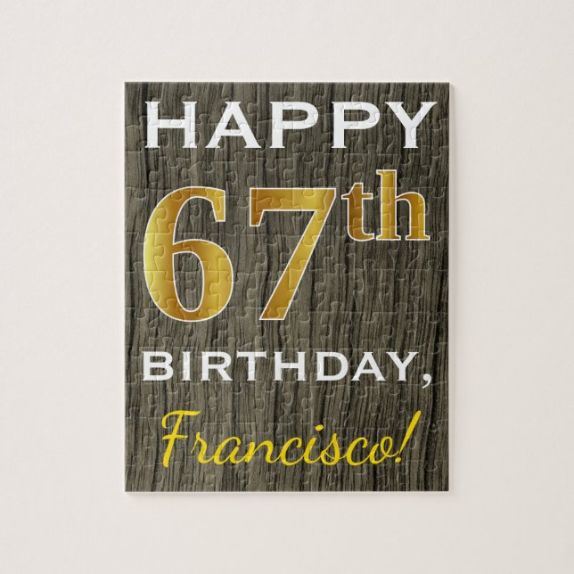 Faux Wood, Faux Gold 67th Birthday + Custom Name Jigsaw Puzzle (Vertical)