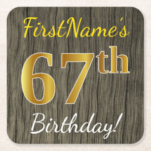 Faux Wood, Faux Gold 67th Birthday + Custom Name Square Paper Coaster