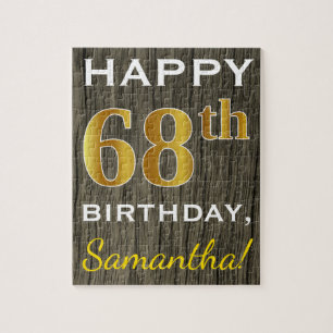 Faux Wood, Faux Gold 68th Birthday + Custom Name Jigsaw Puzzle