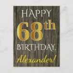 [ Thumbnail: Faux Wood, Faux Gold 68th Birthday + Custom Name Postcard ]