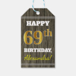 [ Thumbnail: Faux Wood, Faux Gold 69th Birthday + Custom Name Gift Tags ]