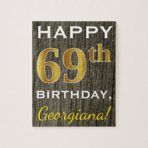 Faux Wood, Faux Gold 69th Birthday + Custom Name Jigsaw Puzzle