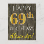 [ Thumbnail: Faux Wood, Faux Gold 69th Birthday + Custom Name Postcard ]