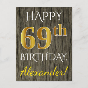 Faux Wood, Faux Gold 69th Birthday + Custom Name Postcard
