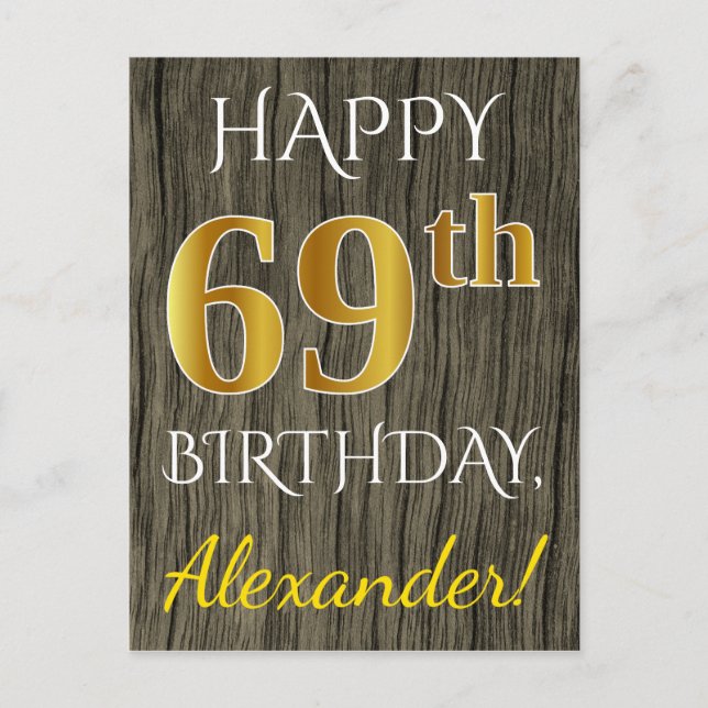Faux Wood, Faux Gold 69th Birthday + Custom Name Postcard (Front)