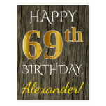 [ Thumbnail: Faux Wood, Faux Gold 69th Birthday + Custom Name Postcard ]